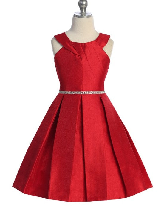 Sparkling Metallic Halter Neck Knee-Length Formal Graduation Girls Dress Red / 12