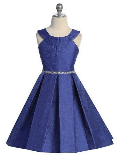 Halter Metallic Pleated Skirt Rhinestone Belt Mid Length Girls Dress