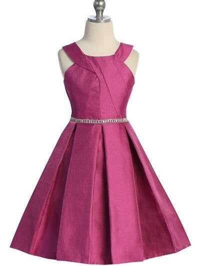 Halter Metallic Pleated Skirt Rhinestone Belt Mid Length Girls Dress