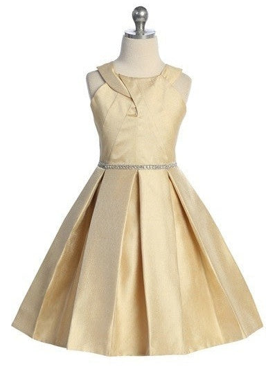 Halter Metallic Pleated Skirt Rhinestone Belt Mid Length Girls Dress
