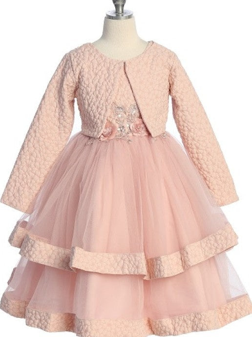 Elegant Jacquard Tulle Skirt Girls Ankle-Length Dress with Bolero Jacket
