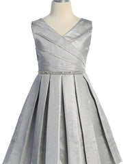Elegant V Neck Knee-Length Metallic Special Occasion Girls Dress