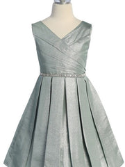 Elegant V Neck Knee-Length Metallic Special Occasion Girls Dress