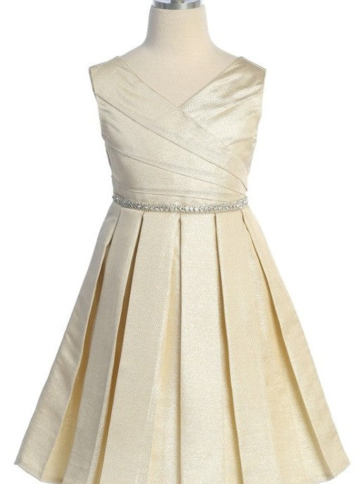 Elegant V Neck Knee-Length Metallic Special Occasion Girls Dress