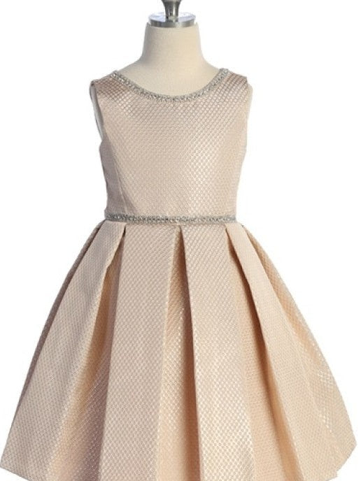 Sparkling Rhinestone-Trimmed Metallic Jacquard Girls Knee-Length Dress Champagne / 10