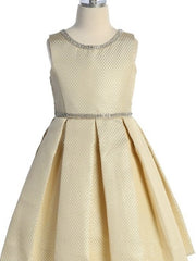 Sparkling Rhinestone-Trimmed Metallic Jacquard Girls Knee-Length Dress