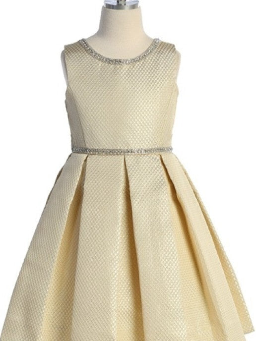 Sparkling Rhinestone-Trimmed Metallic Jacquard Girls Knee-Length Dress