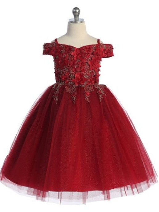 Tulle Flower Chest Rhinestone Trim Elegant Girls' Dress