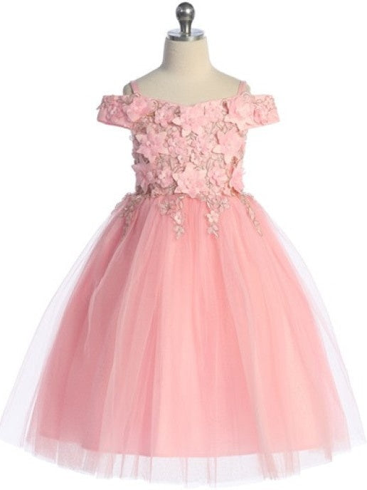 Tulle Flower Chest Rhinestone Trim Elegant Girls' Dress