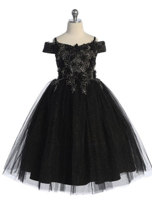 Tulle Flower Chest Rhinestone Trim Elegant Girls' Dress