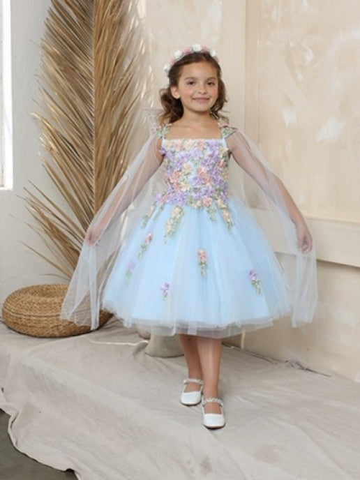 3D Flower Soft Capes Ankle Length Elegant Girls' Dress