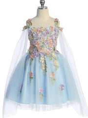 3D Flower Soft Capes Ankle Length Elegant Girls' Dress