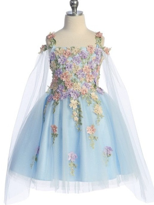 3D Flower Soft Capes Ankle Length Elegant Girls' Dress