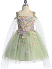 3D Flower Soft Capes Ankle Length Elegant Girls' Dress