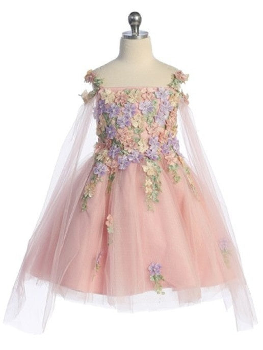 3D Flower Soft Capes Ankle Length Elegant Girls' Dress