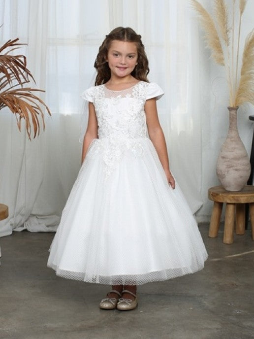Cap-Sleeved Beaded Pearl Waist Tea Length Girl's Dress White / 16 Cap-Sleeved Beaded Pearl Waist Tea Length Girl's Dress White / 16