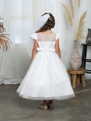 Cap-Sleeved Beaded Pearl Waist Tea Length Girl's Dress
