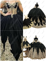Off The Shoulder Black V-Neck Long Train Embroidered Quinceanera Dress