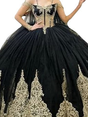 Off The Shoulder Black V-Neck Long Train Embroidered Quinceanera Dress