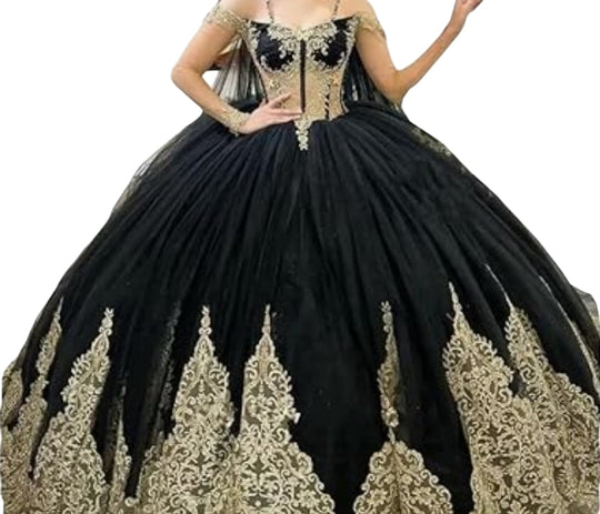 Off The Shoulder Black V-Neck Long Train Embroidered Charro Quinceanera Dress