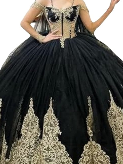 Off The Shoulder Black V-Neck Long Train Embroidered Quinceanera Dress