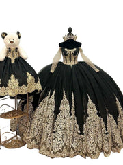 Off The Shoulder Black V-Neck Long Train Embroidered Quinceanera Dress