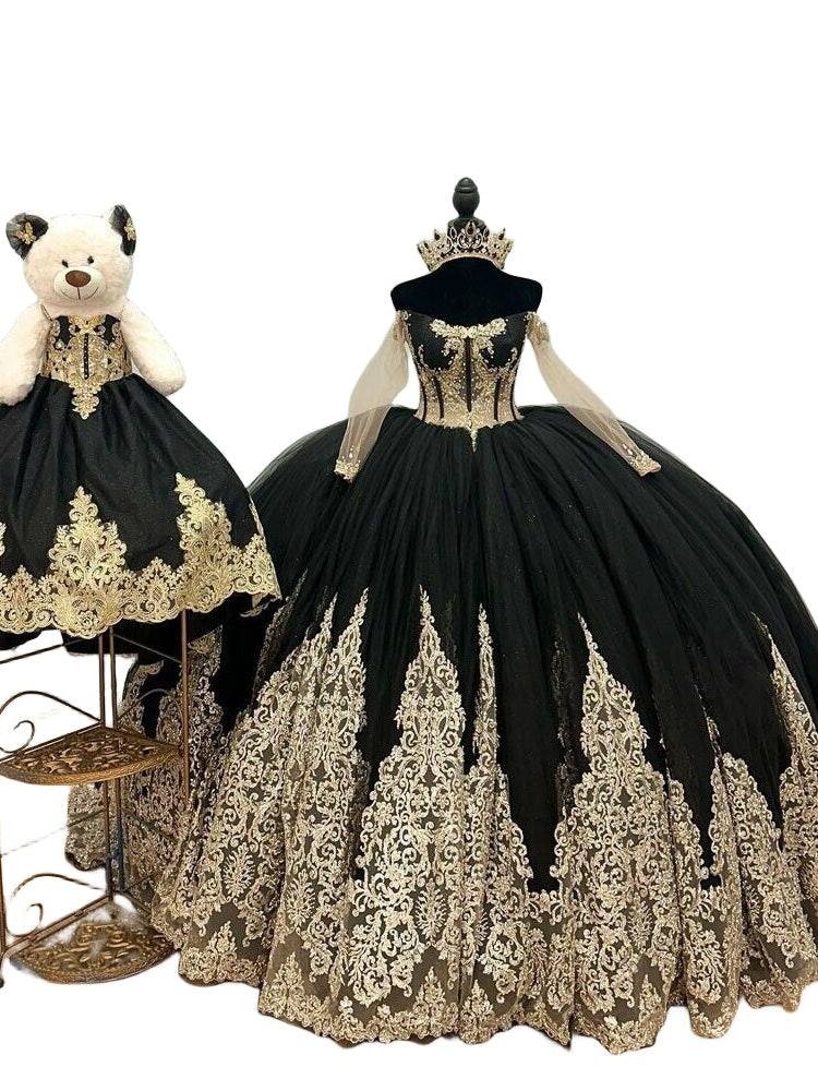 Off The Shoulder Black V-Neck Long Train Embroidered Quinceanera Dress
