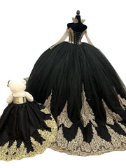 Off The Shoulder Black V-Neck Long Train Embroidered Quinceanera Dress