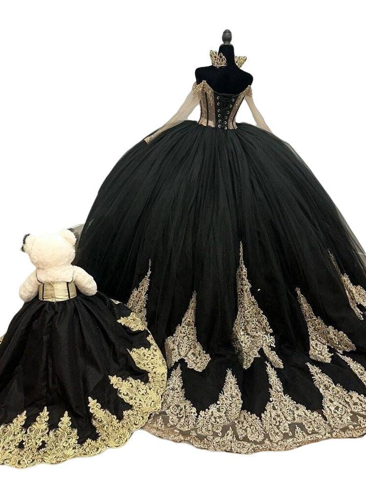 Off The Shoulder Black V-Neck Long Train Embroidered Quinceanera Dress