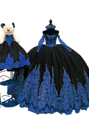 Off The Shoulder Black V-Neck Long Train Embroidered Quinceanera Dress