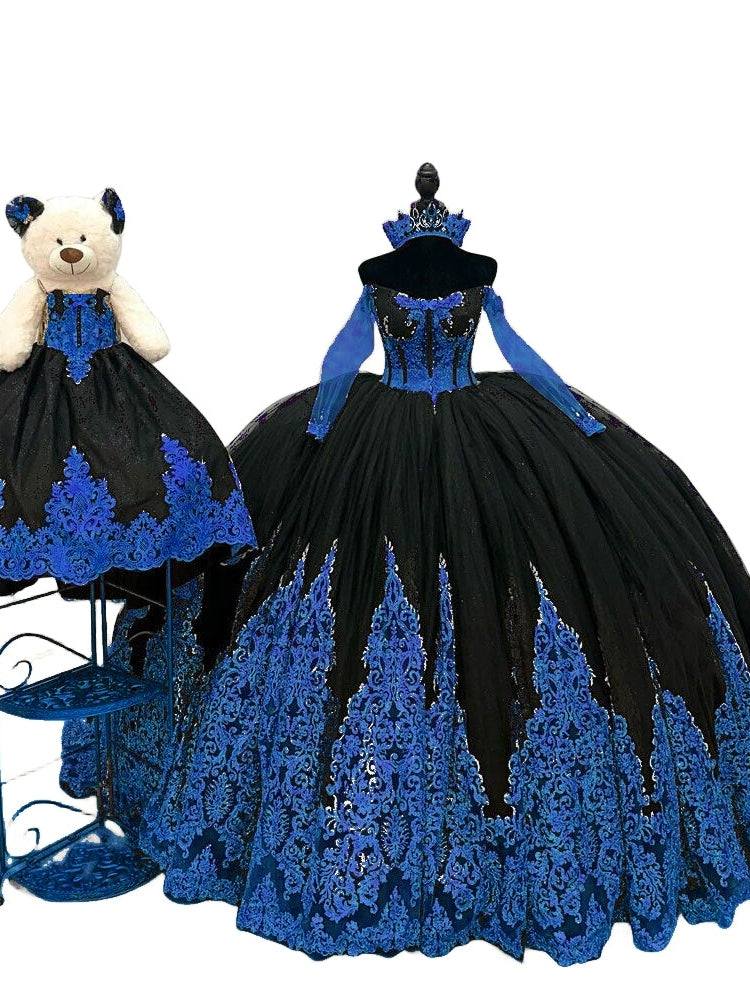 Off The Shoulder Black V-Neck Long Train Embroidered Quinceanera Dress