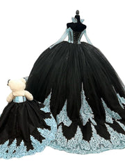 Off The Shoulder Black V-Neck Long Train Embroidered Quinceanera Dress