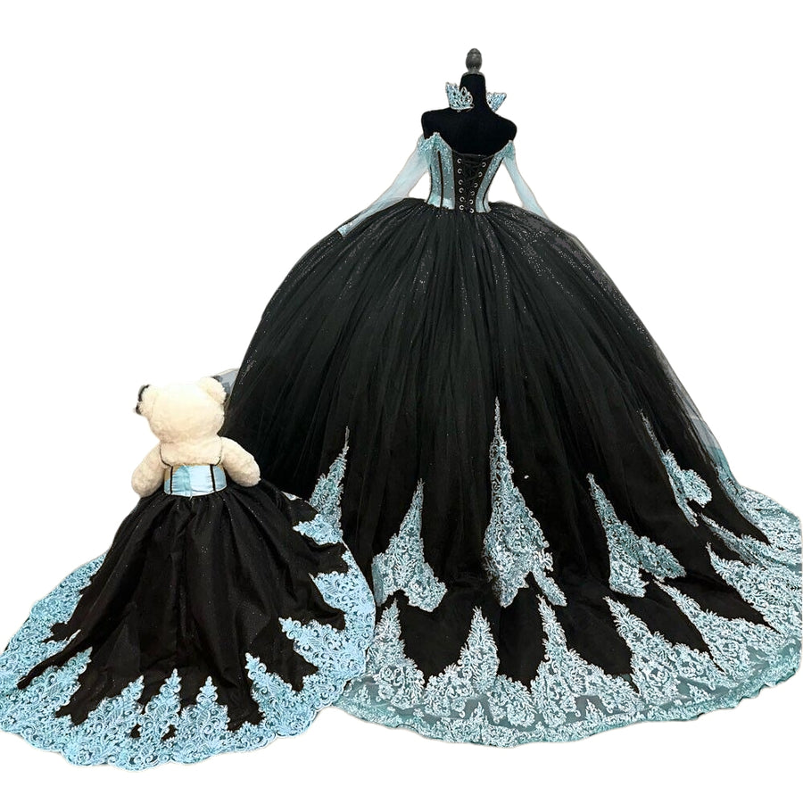 Off The Shoulder Black V-Neck Long Train Embroidered Charro Quinceanera Dress