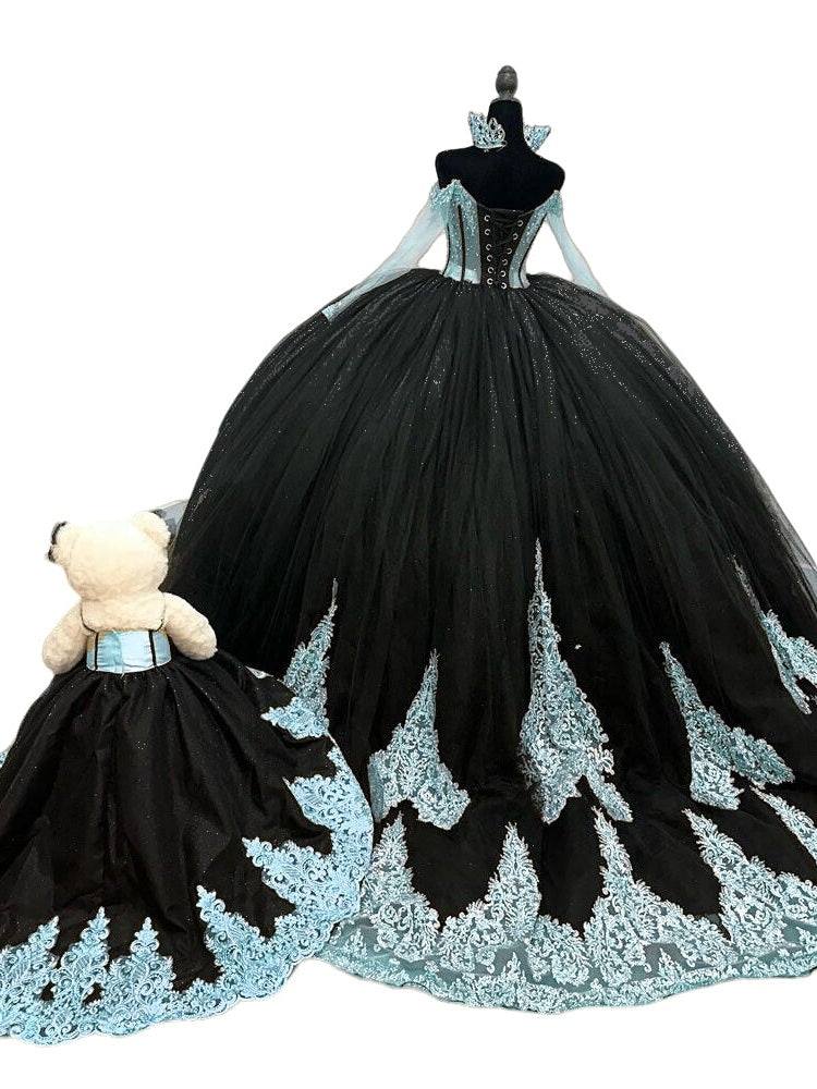 Off The Shoulder Black V-Neck Long Train Embroidered Quinceanera Dress