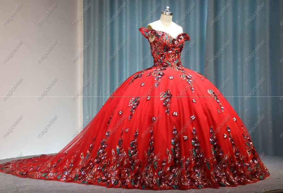 Lace Floral Regalia Quinceanera Ball Gown