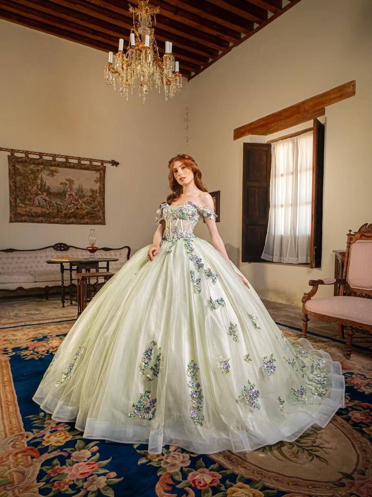 Puffy Off The Shoulder Flowers Quinceanera Ball Gown