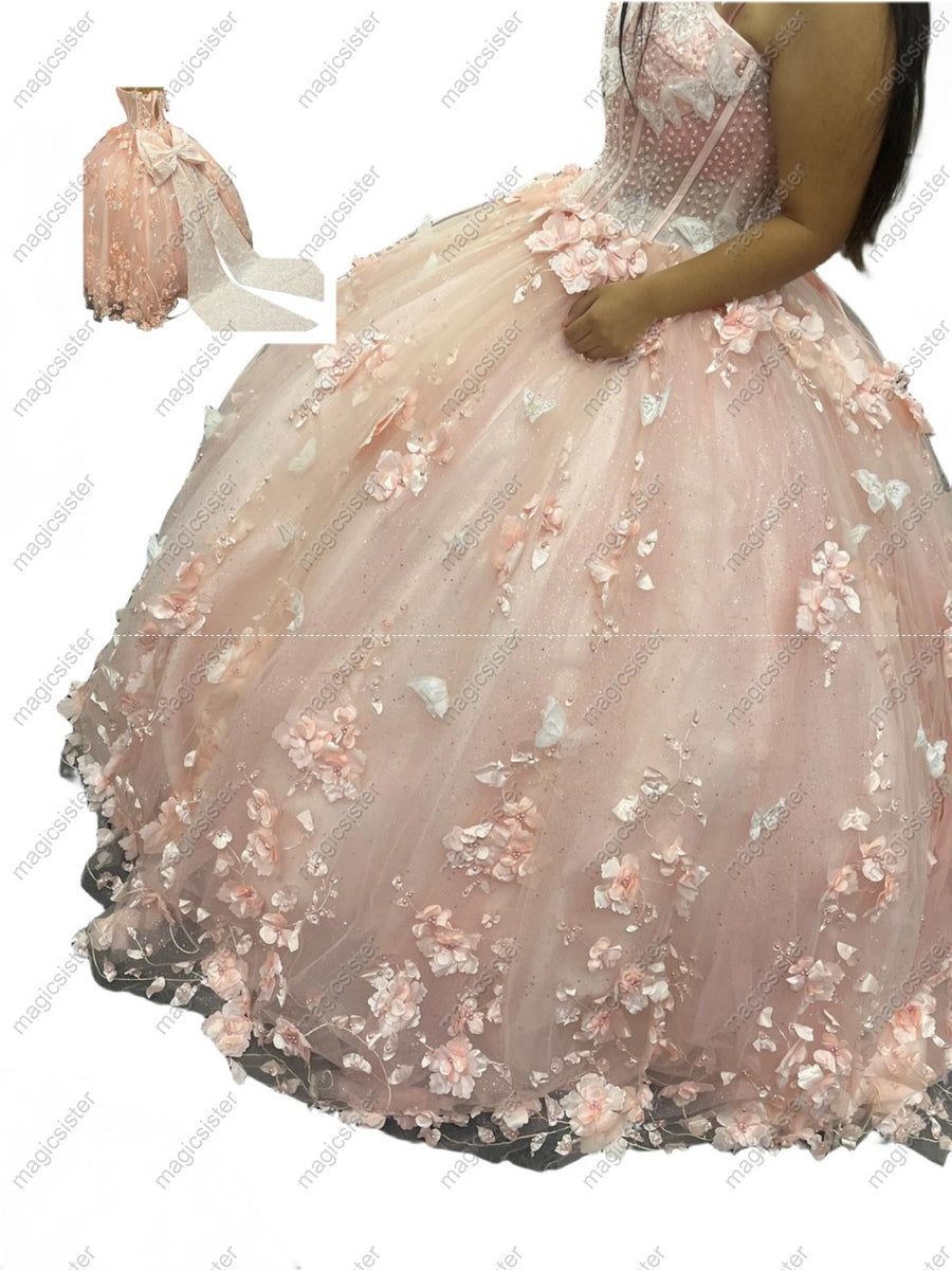 3D Floral Tulle Large Bow Quinceanera Ball Gown