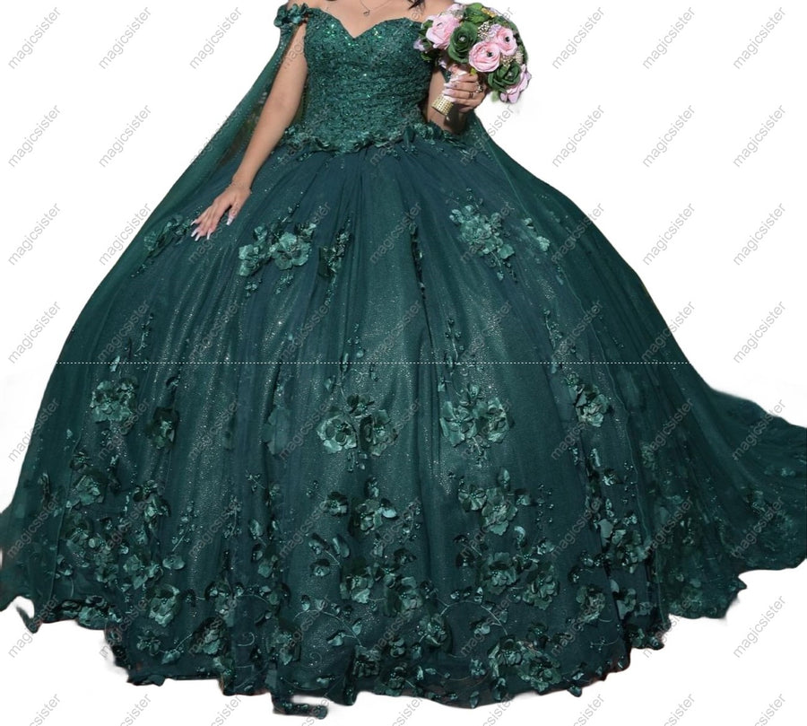 3D Floral Sparkling One Color Embroidered Quinceanera Ball Gown