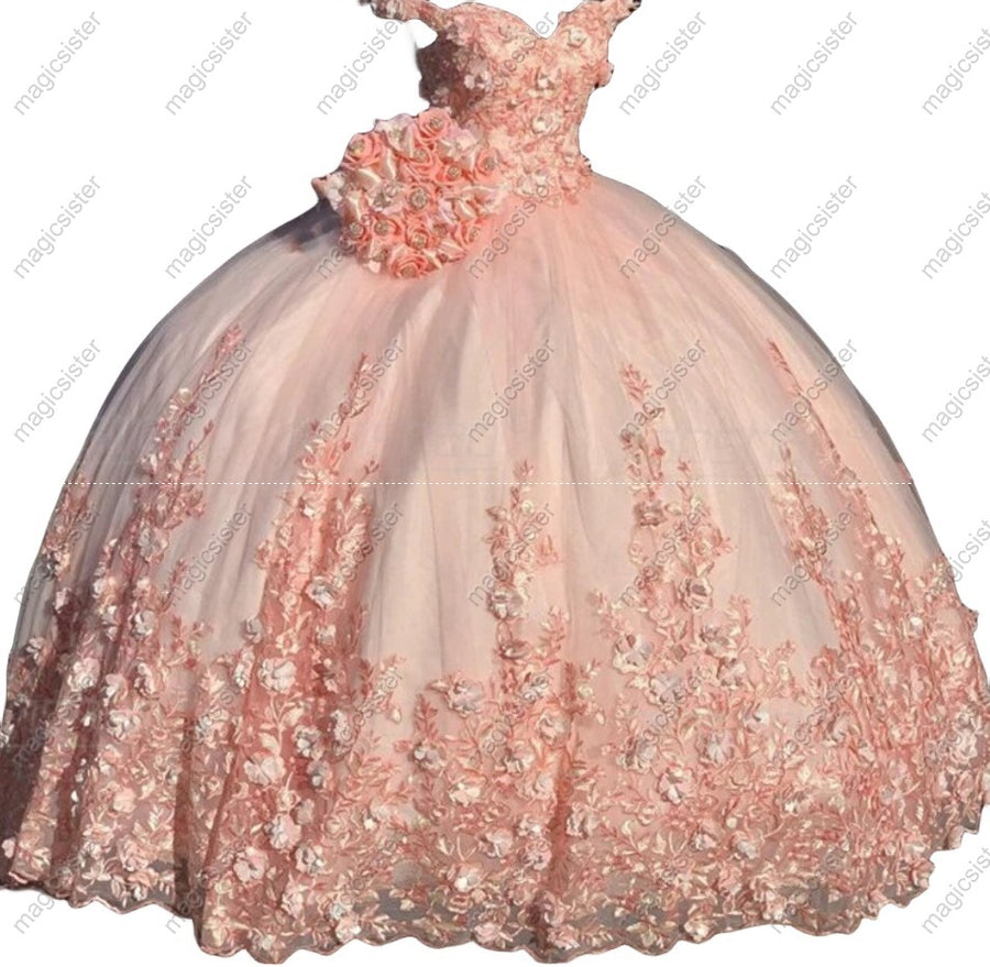 3D Floral Embroidered Tulle Detailed Quinceanera Ball Gown