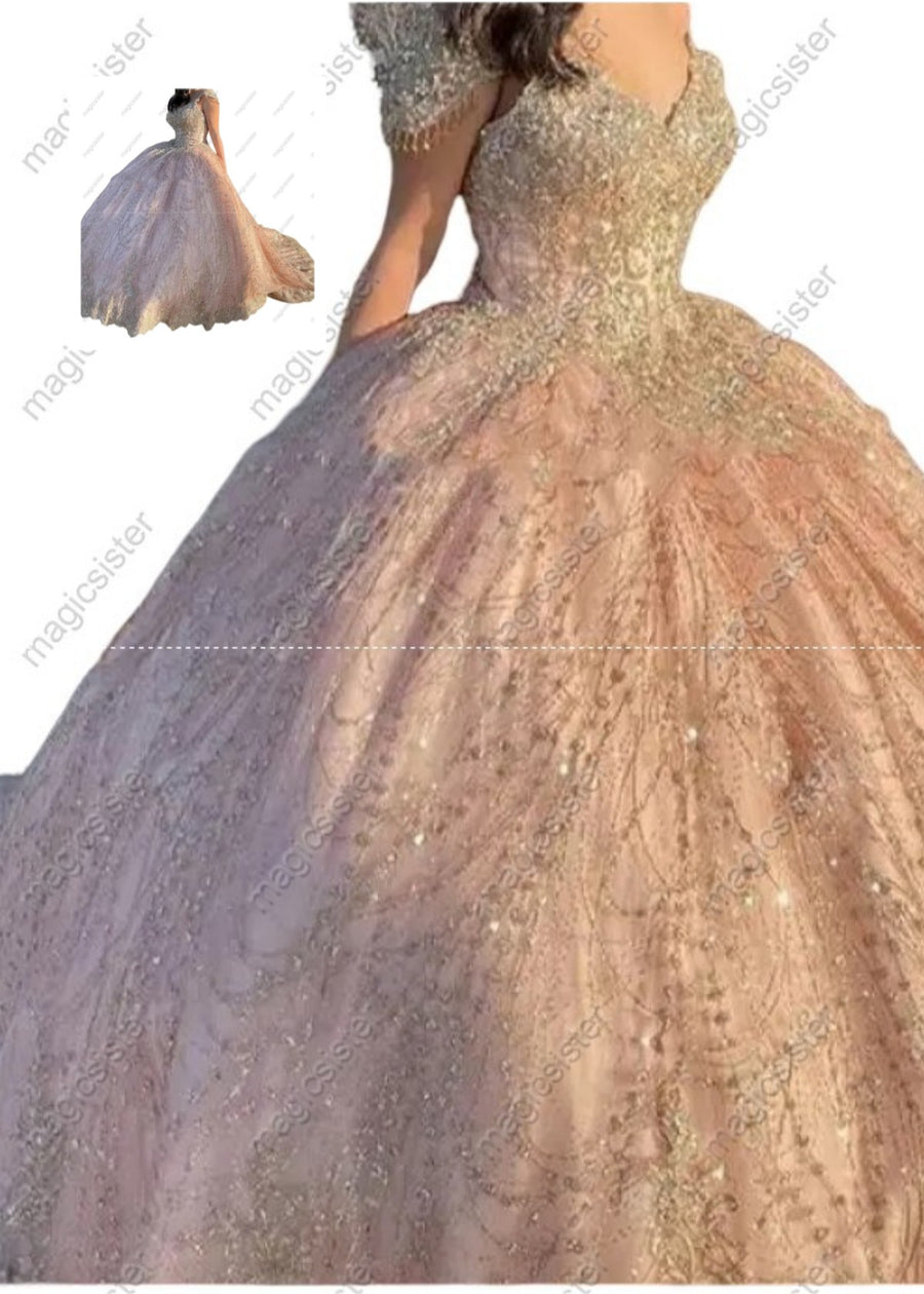 Beaded Cap Sleeve Sweetheart Pink Quinceanera Ball Gown