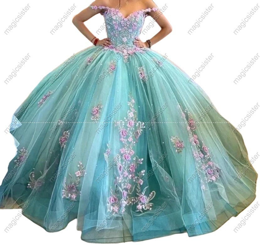 Floral Off The Shoulder Tulle Pink Floral Quinceanera Ball Gown