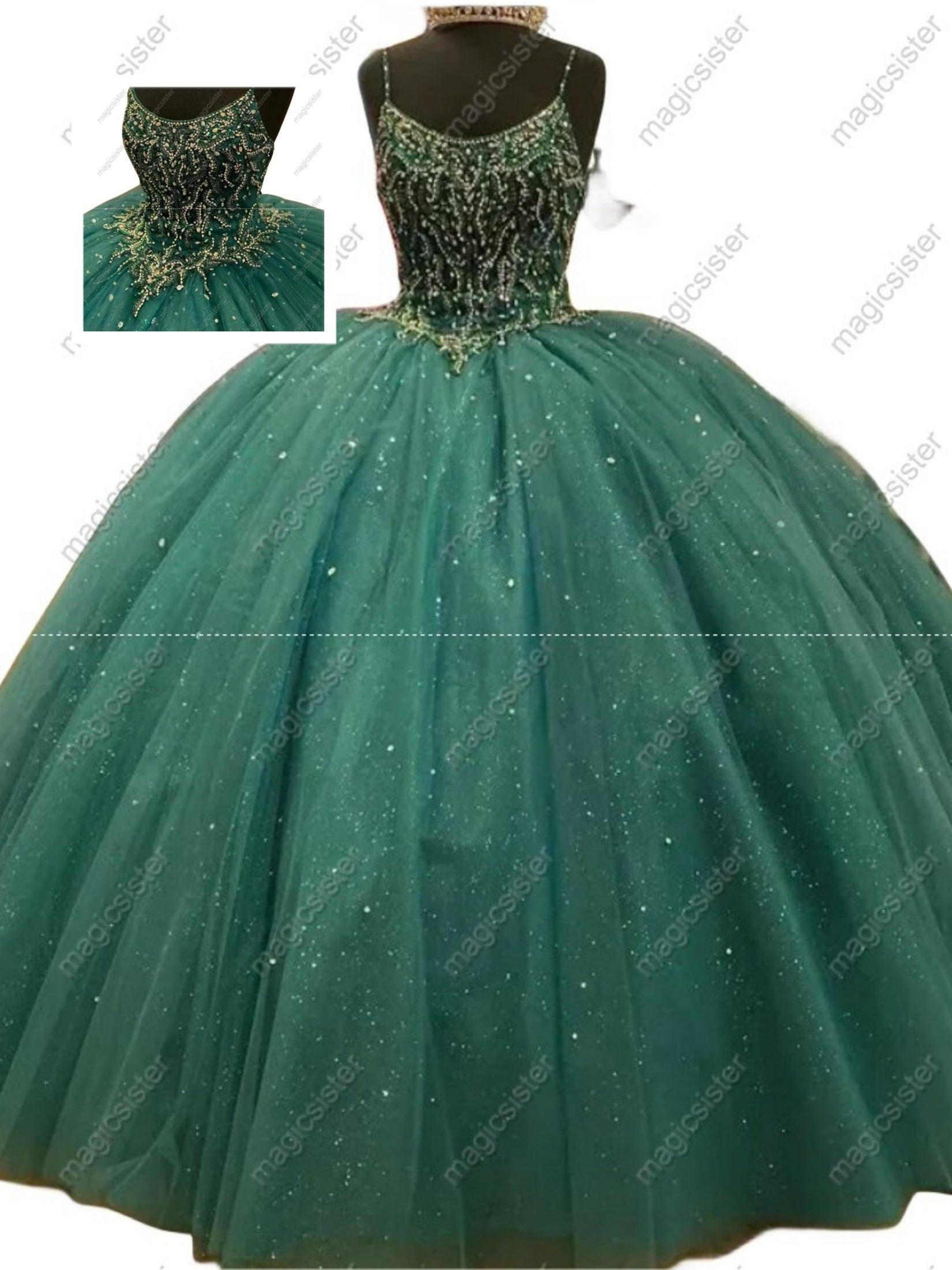 Tulle Spaghetti Strap Jewel Embellished Quinceanera Ball Gown Forest Green / 10