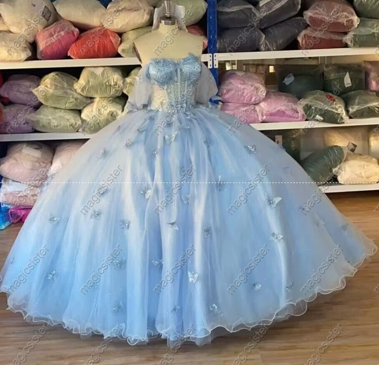 3D Butterfly Strapless Tulle Layered Quinceanera Ball Gown