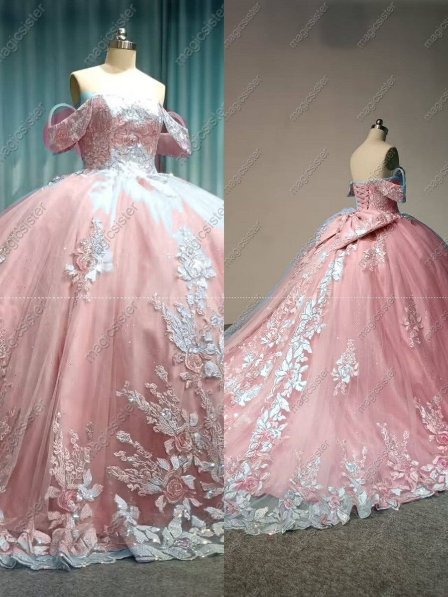 Pink Off-The-Shoulder Embroidered Quinceanera Ball Gown