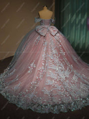 Pink Off-The-Shoulder Embroidered Quinceanera Ball Gown