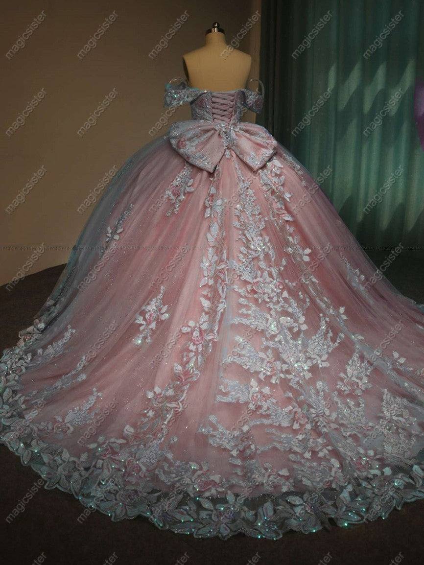 Pink Off-The-Shoulder Embroidered Quinceanera Ball Gown