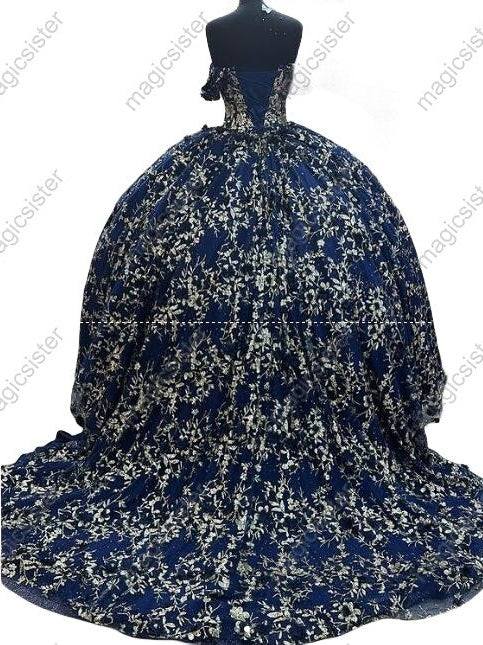 Butterfly Floral Long Train Tulle Quinceanera Ball Gown