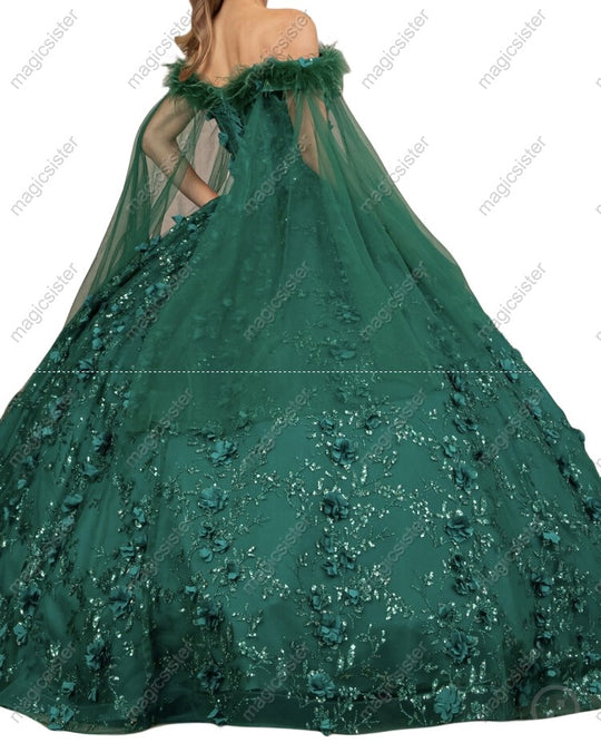 Feather Neckline Floral Quinceanera Ball Gown