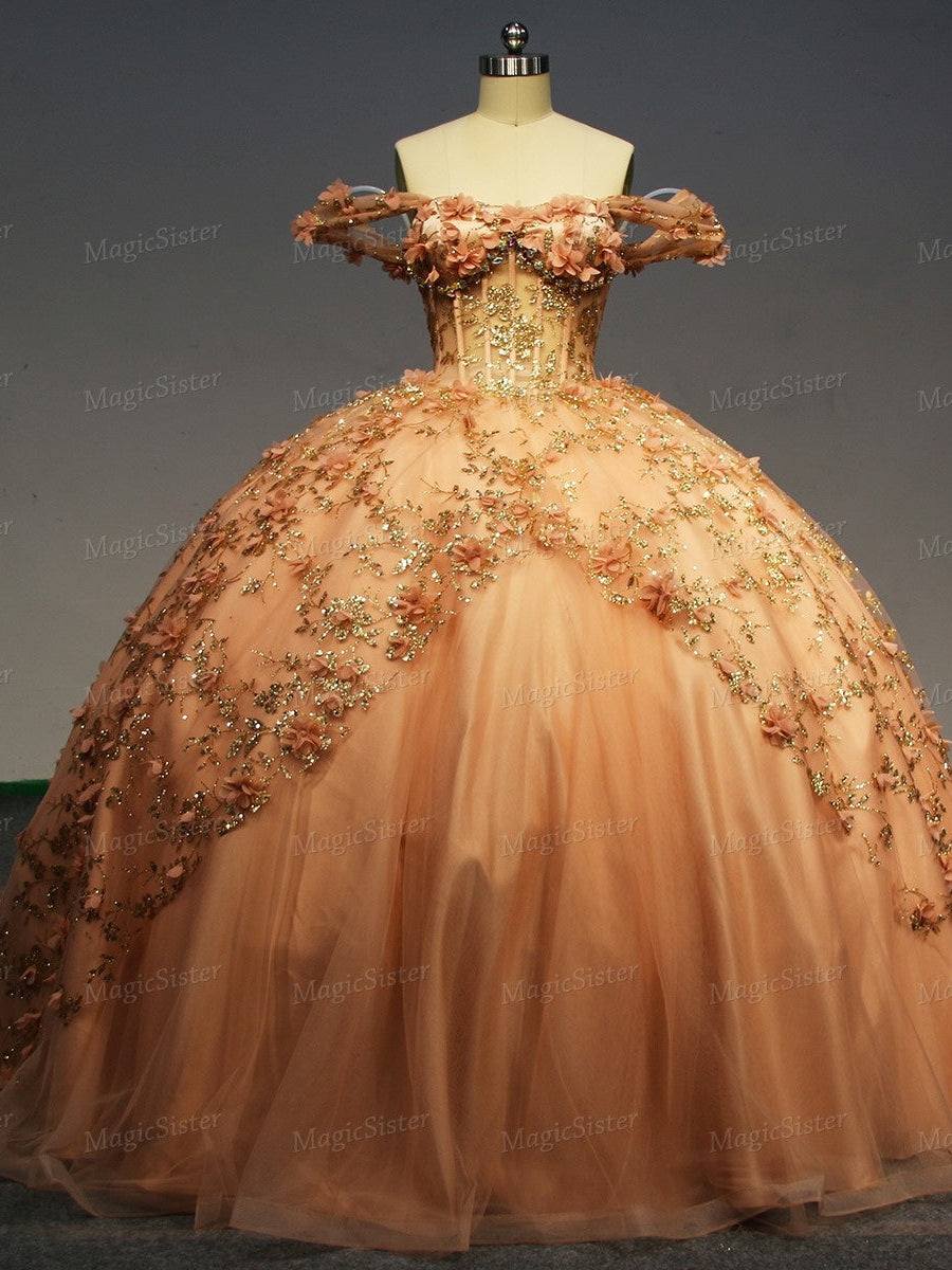 Floral Tulle Layered Reverse-V Skirt Quinceanera Ball Gown