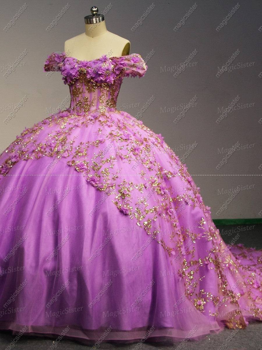 Floral Tulle Layered Reverse-V Skirt Quinceanera Ball Gown